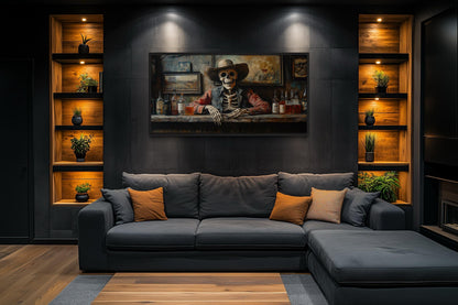 Skeleton Cowboy Barman At Western Saloon Framed Canvas Wall Art For Bar Wall Decor