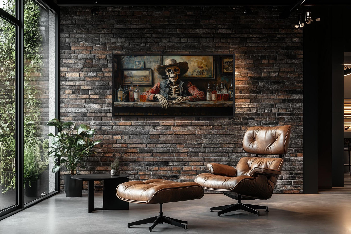 Skeleton Cowboy Barman At Western Saloon Framed Canvas Wall Art For Bar Wall Decor