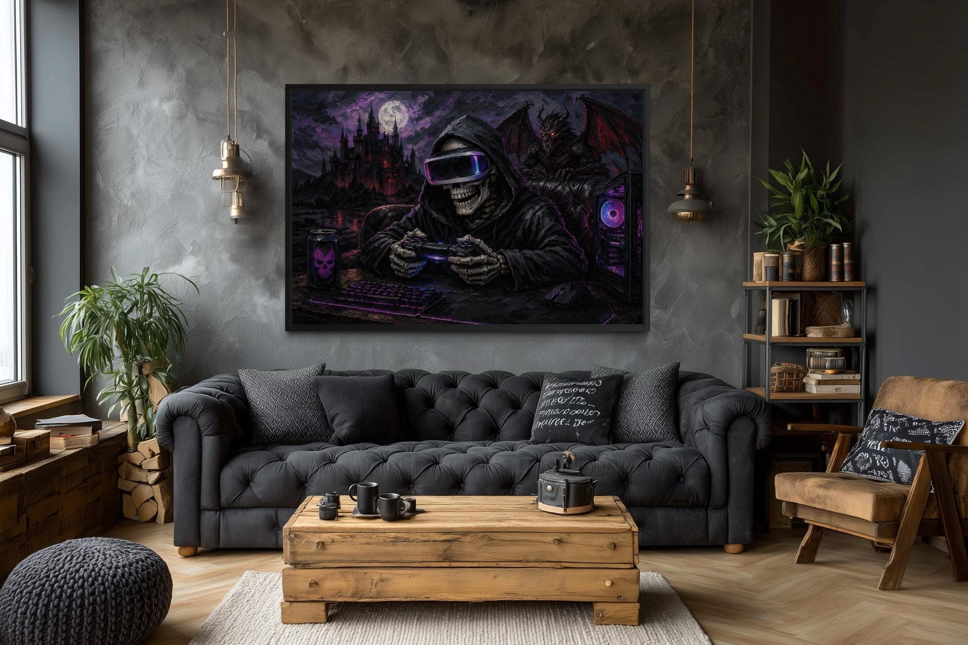 Skeleton Gamer Dark Gothic Canvas Wall Art For Game Room Decor
