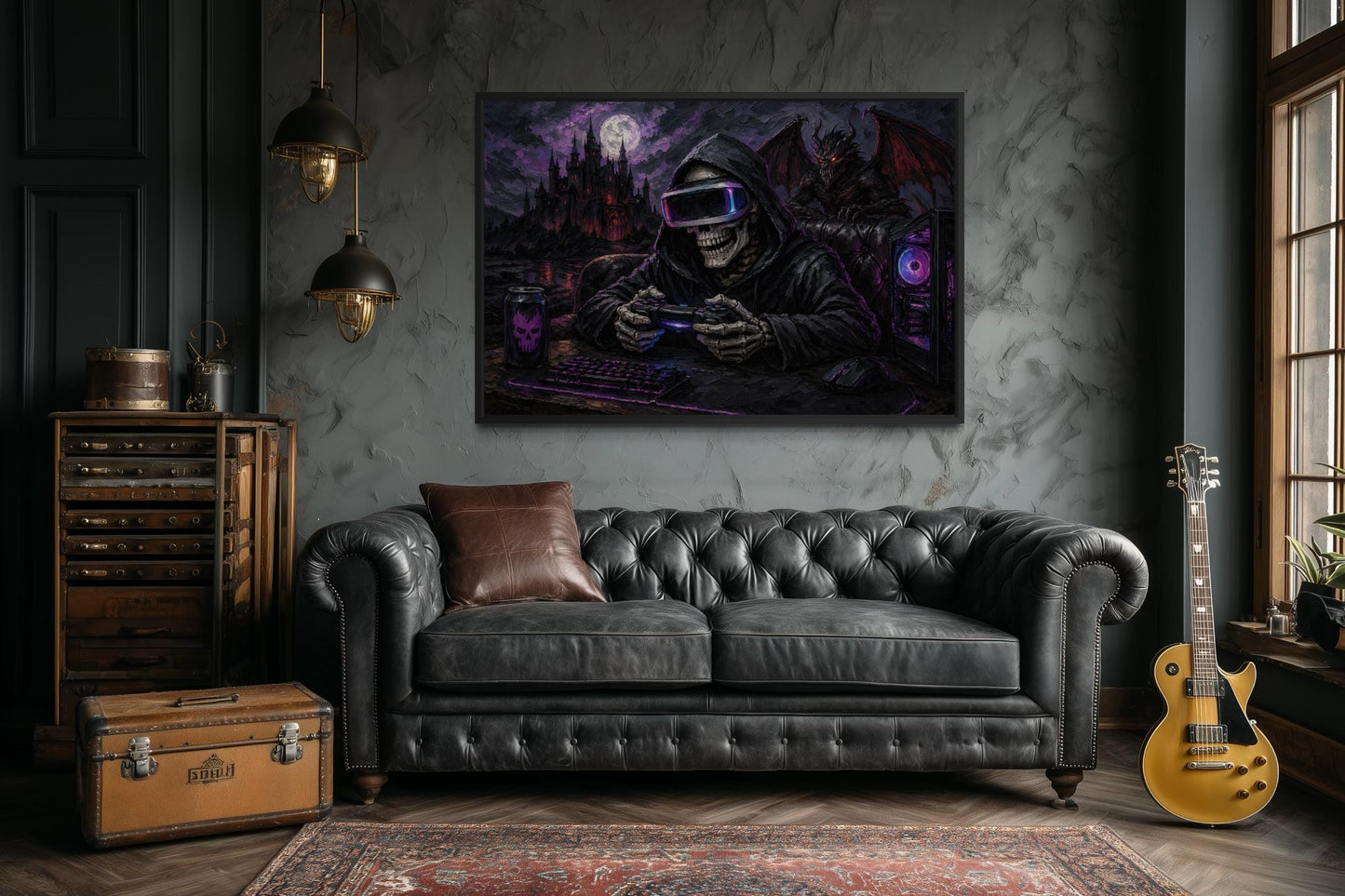 Skeleton Gamer Dark Gothic Canvas Wall Art For Game Room Decor