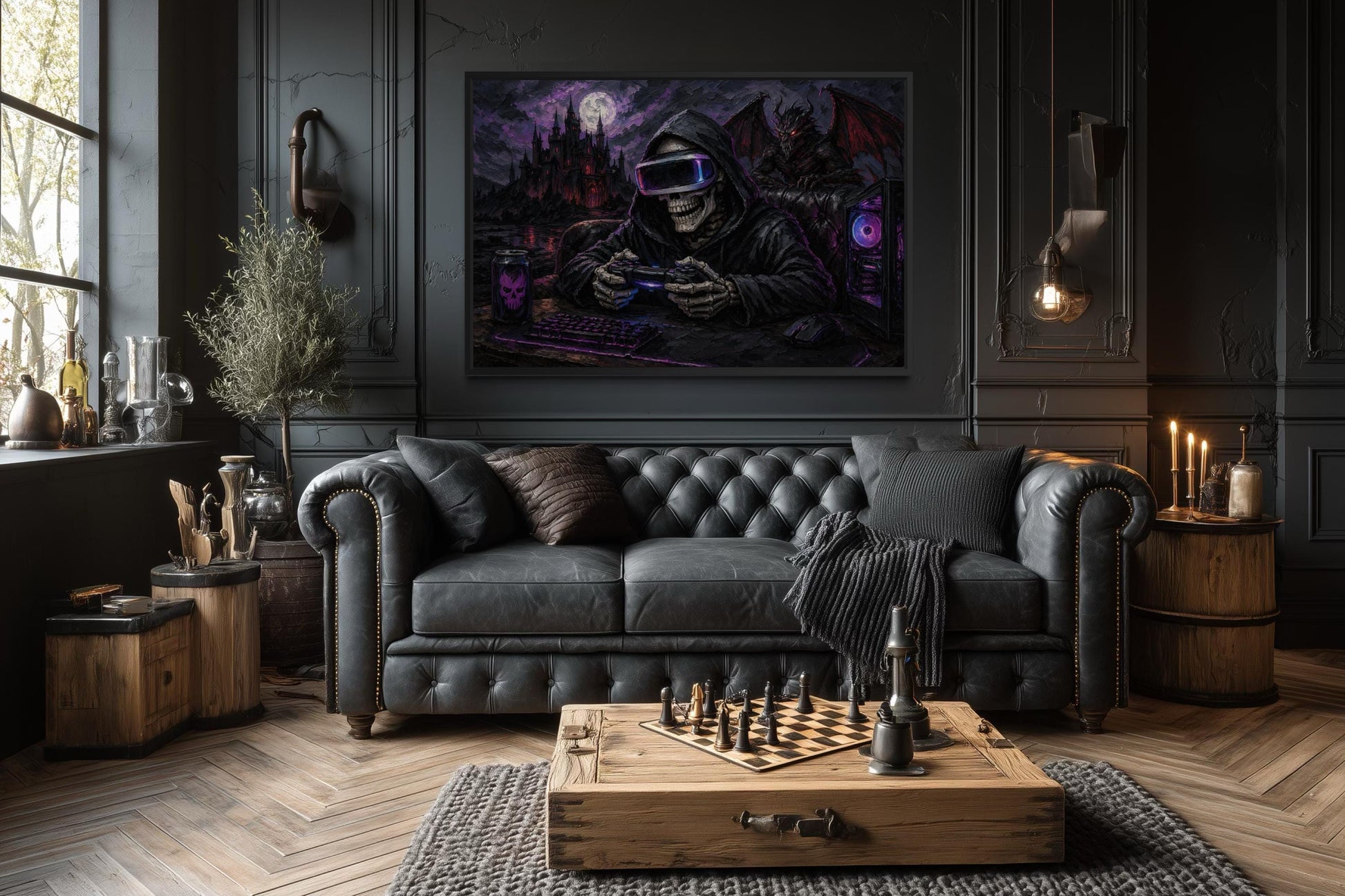 Skeleton Gamer Dark Gothic Canvas Wall Art For Game Room Decor