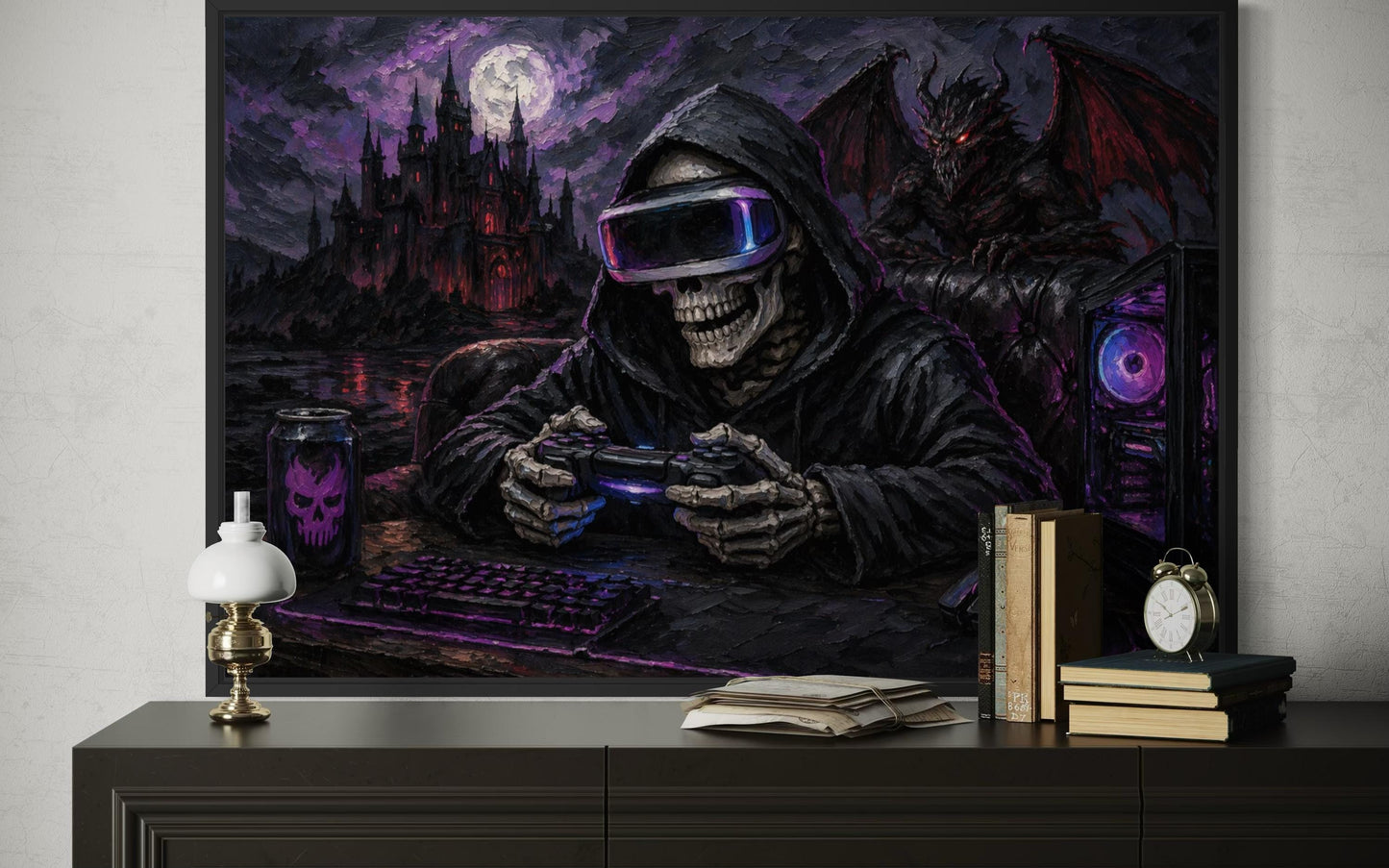 Skeleton Gamer Dark Gothic Canvas Wall Art For Game Room Decor