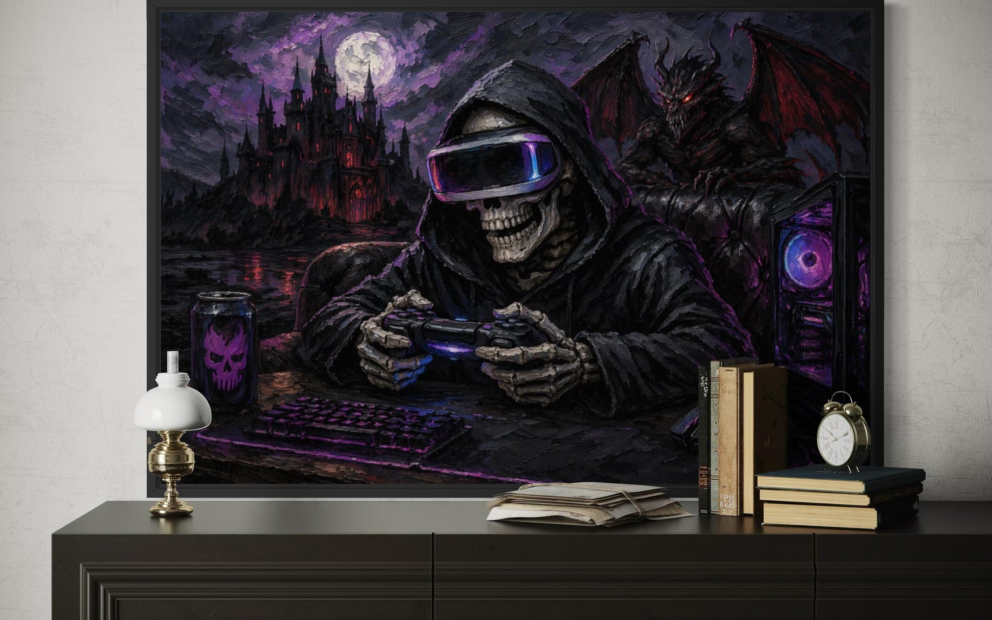 Skeleton Gamer Dark Gothic Canvas Wall Art For Game Room Decor