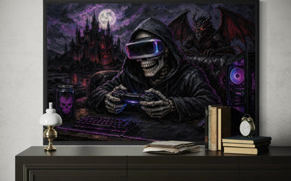 Skeleton Gamer Dark Gothic Canvas Wall Art For Game Room Decor