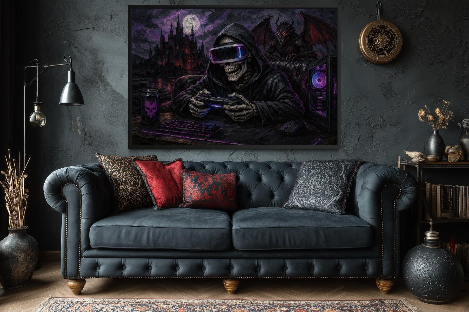Skeleton Gamer Dark Gothic Canvas Wall Art For Game Room Decor
