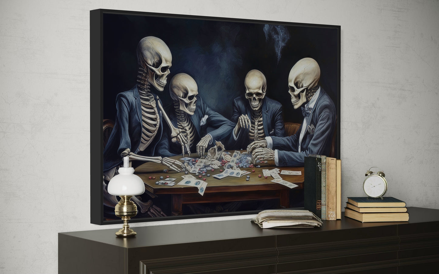 Skeletons Playing Poker Gothic Game Room Framed Canvas Wall Art