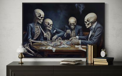 Skeletons Playing Poker Gothic Game Room Framed Canvas Wall Art