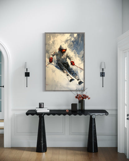 Skier On The Slope Framed Canvas Wall Art