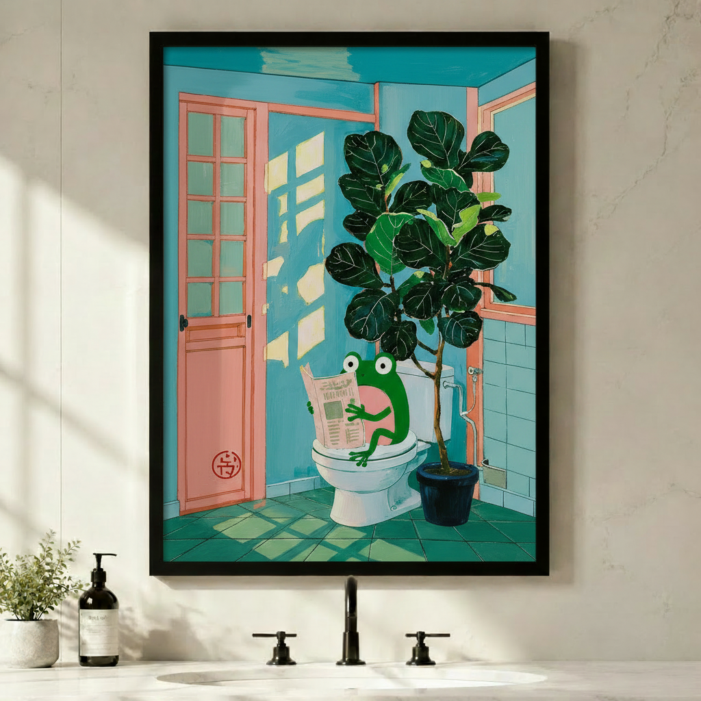 Frog Reading Newspaper Funny Bathroom Canvas Art