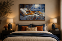 Tiger Sleeping In Bed With Moonlit Window Framed Canvas Wall Art For Bedroom