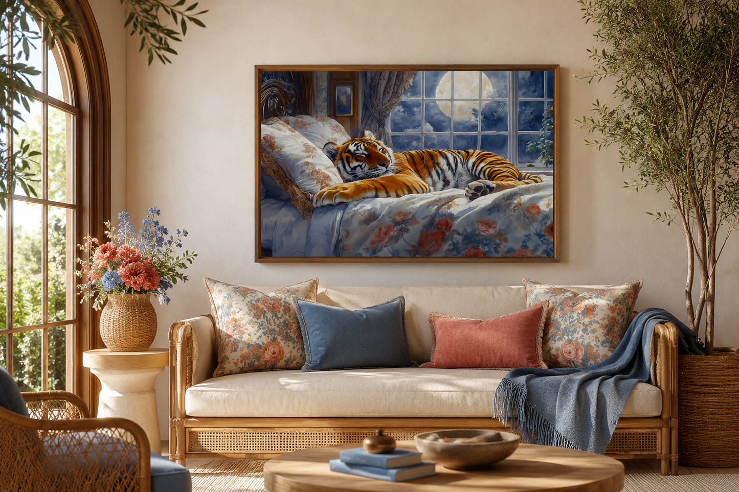 Tiger Sleeping In Bed With Moonlit Window Framed Canvas Wall Art For Bedroom
