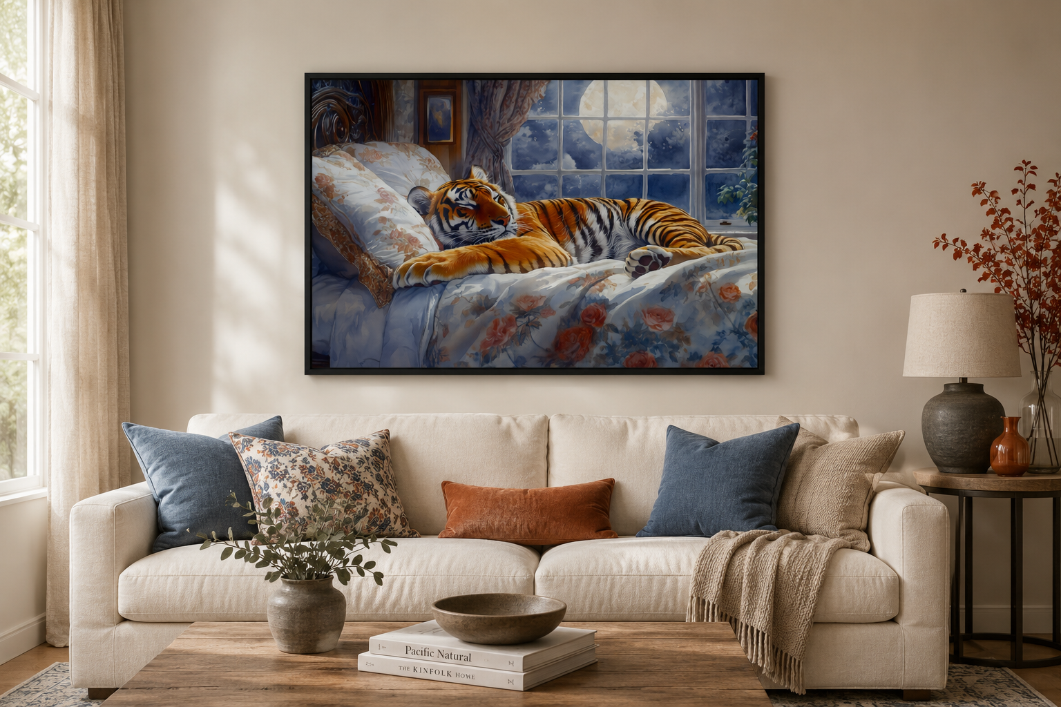 Tiger Sleeping In Bed With Moonlit Window Framed Canvas Wall Art For Bedroom