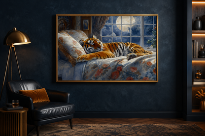 Tiger Sleeping In Bed With Moonlit Window Framed Canvas Wall Art For Bedroom