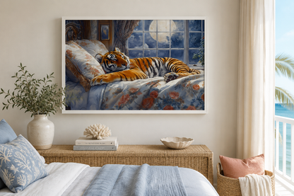 Tiger Sleeping In Bed With Moonlit Window Framed Canvas Wall Art For Bedroom