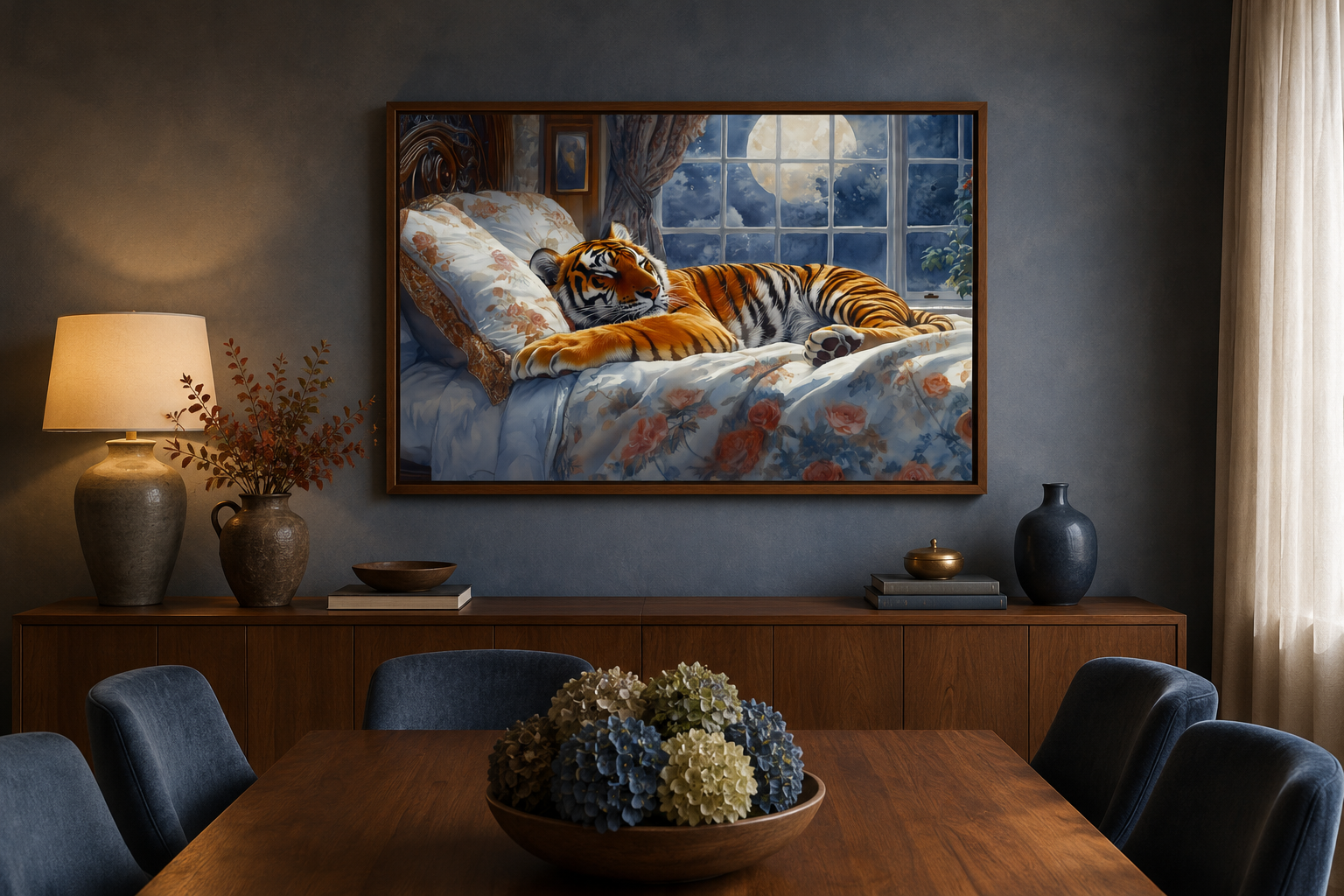 Tiger Sleeping In Bed With Moonlit Window Framed Canvas Wall Art For Bedroom