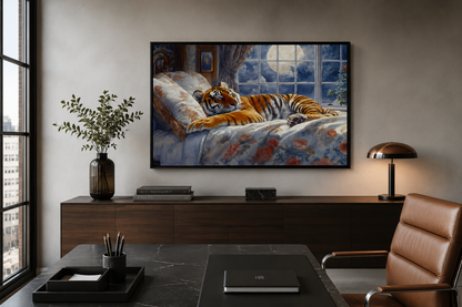 Tiger Sleeping In Bed With Moonlit Window Framed Canvas Wall Art For Bedroom