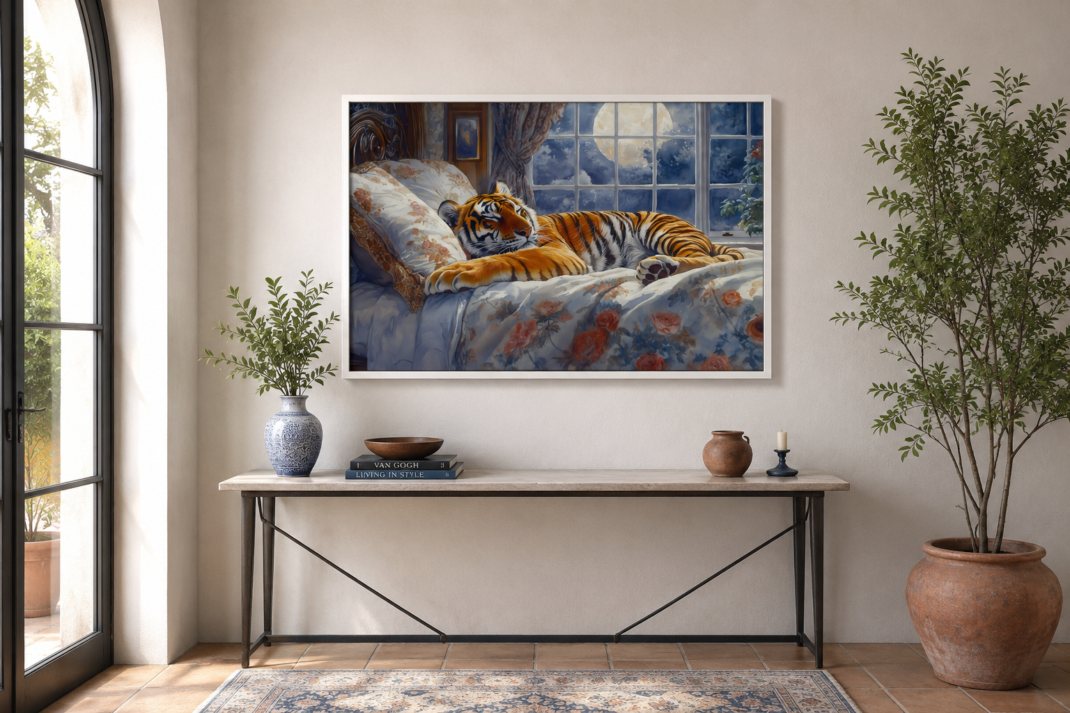 Tiger Sleeping In Bed With Moonlit Window Framed Canvas Wall Art For Bedroom