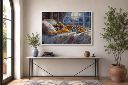 Tiger Sleeping In Bed With Moonlit Window Framed Canvas Wall Art For Bedroom