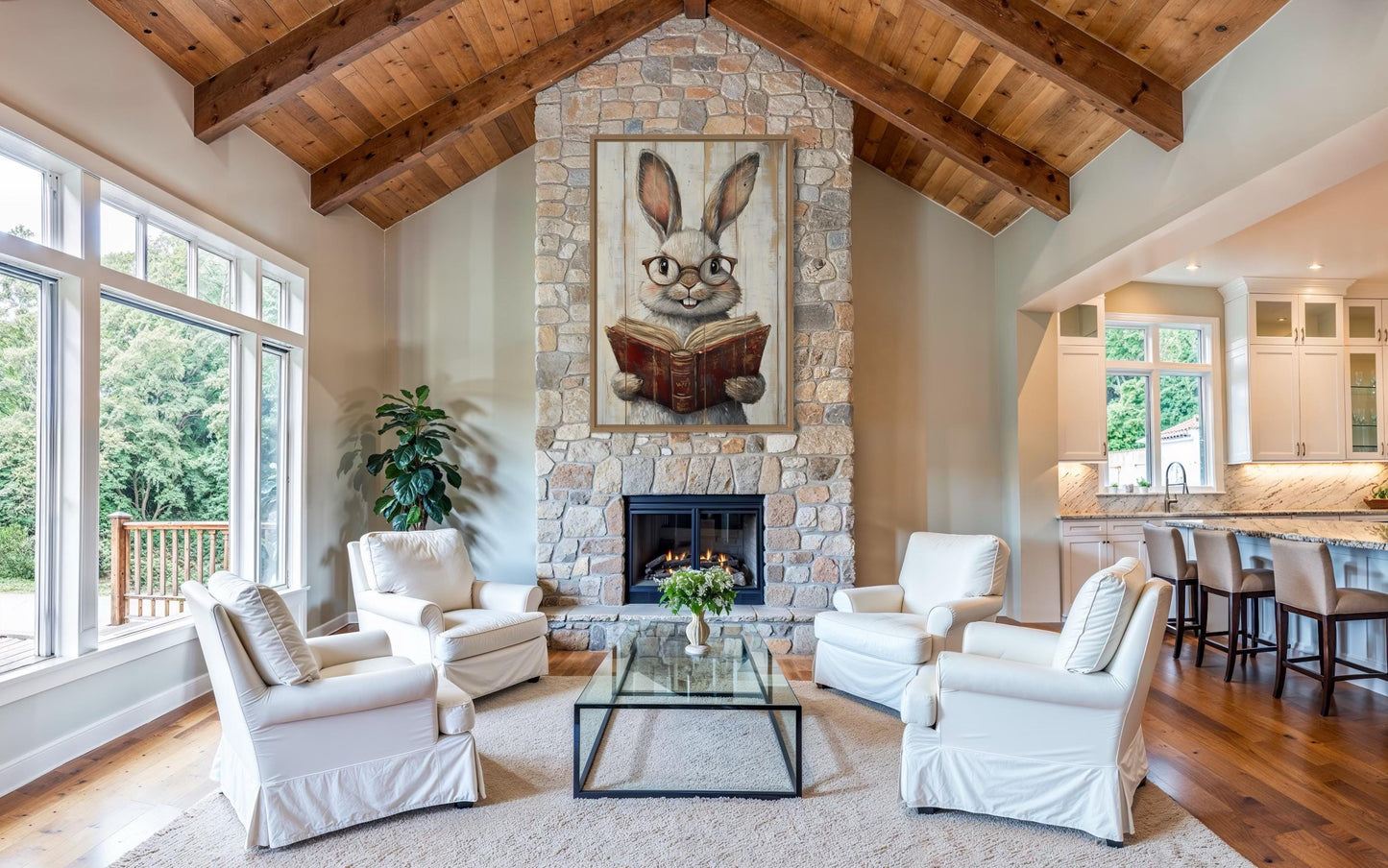 Smart Bunny Reading A Book Framed Canvas Wall Art