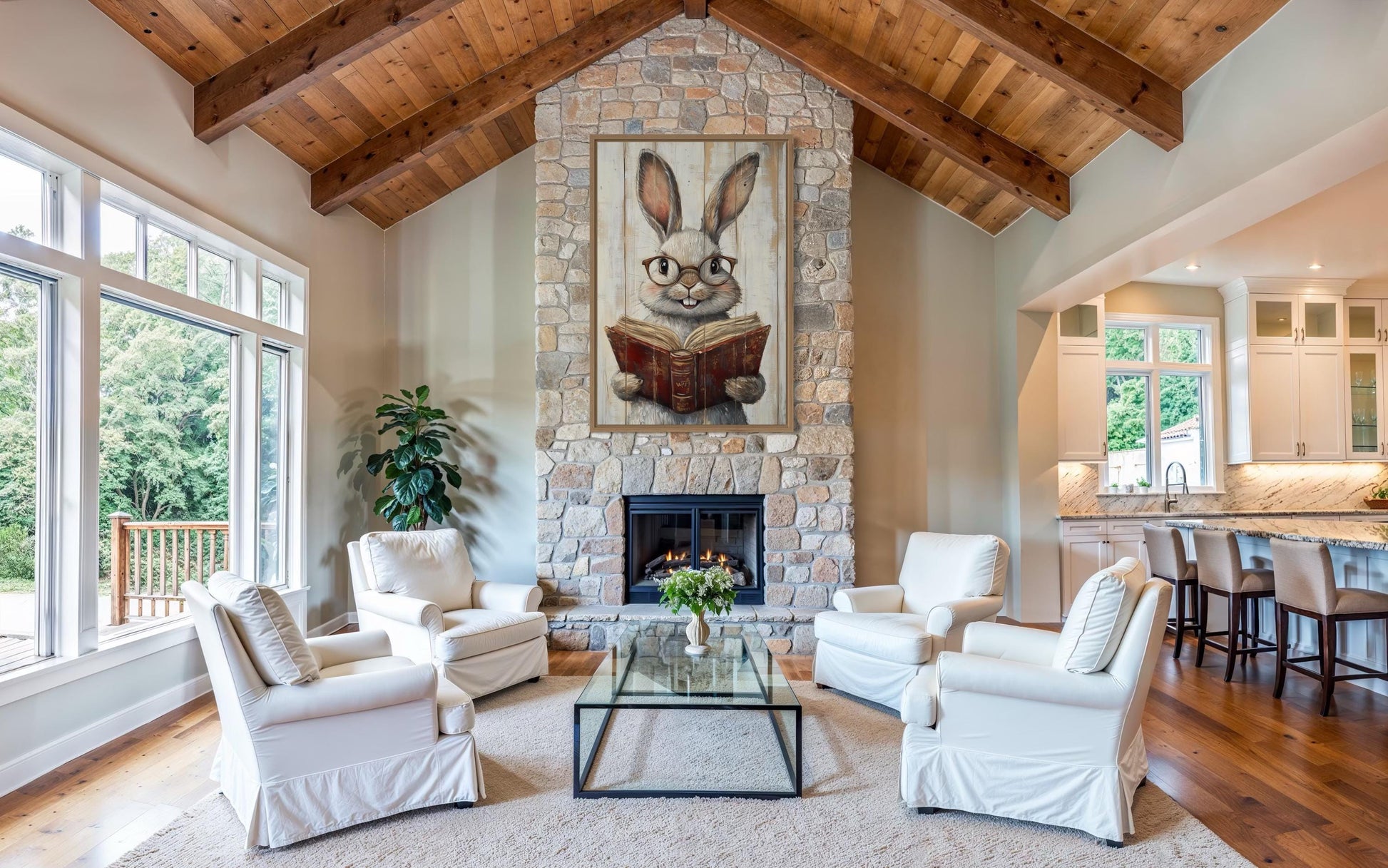 Smart Bunny Reading A Book Framed Canvas Wall Art