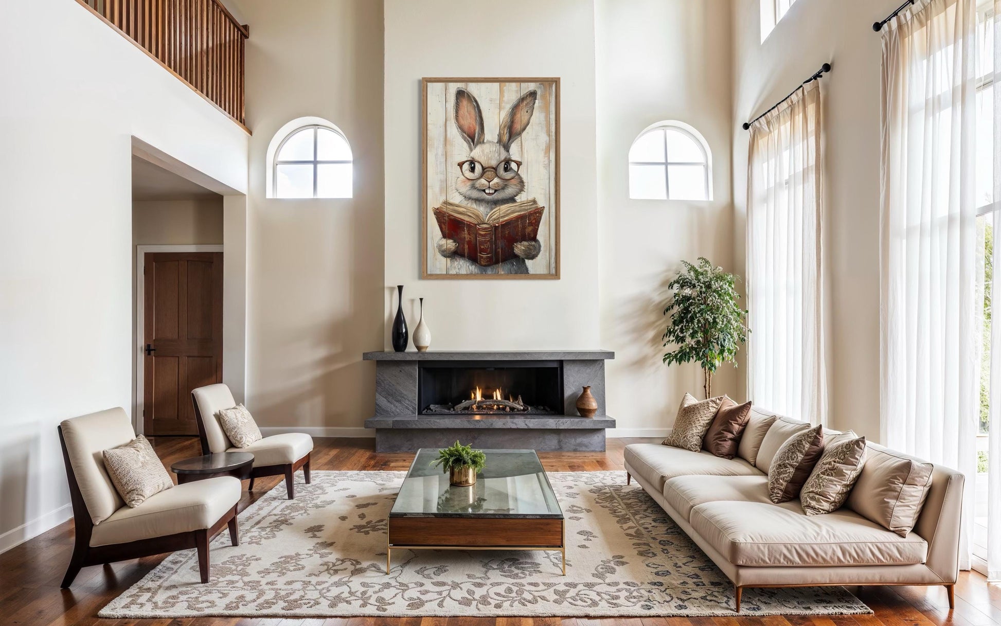 Smart Bunny Reading A Book Framed Canvas Wall Art