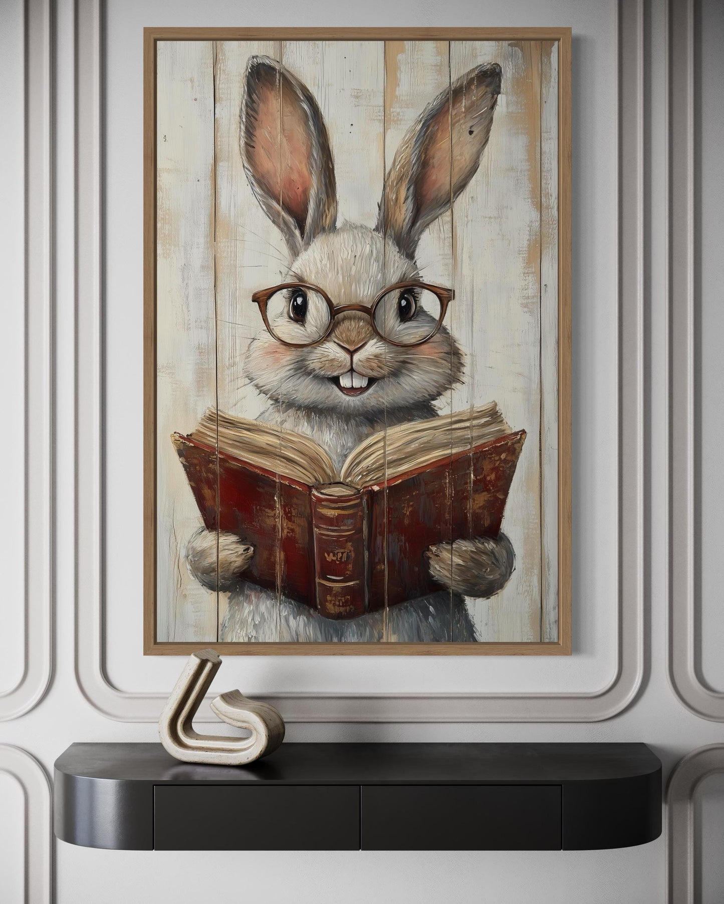 Smart Bunny Reading A Book Framed Canvas Wall Art