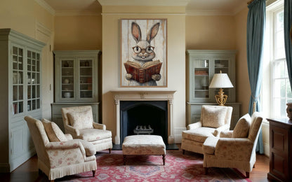 Smart Bunny Reading A Book Framed Canvas Wall Art