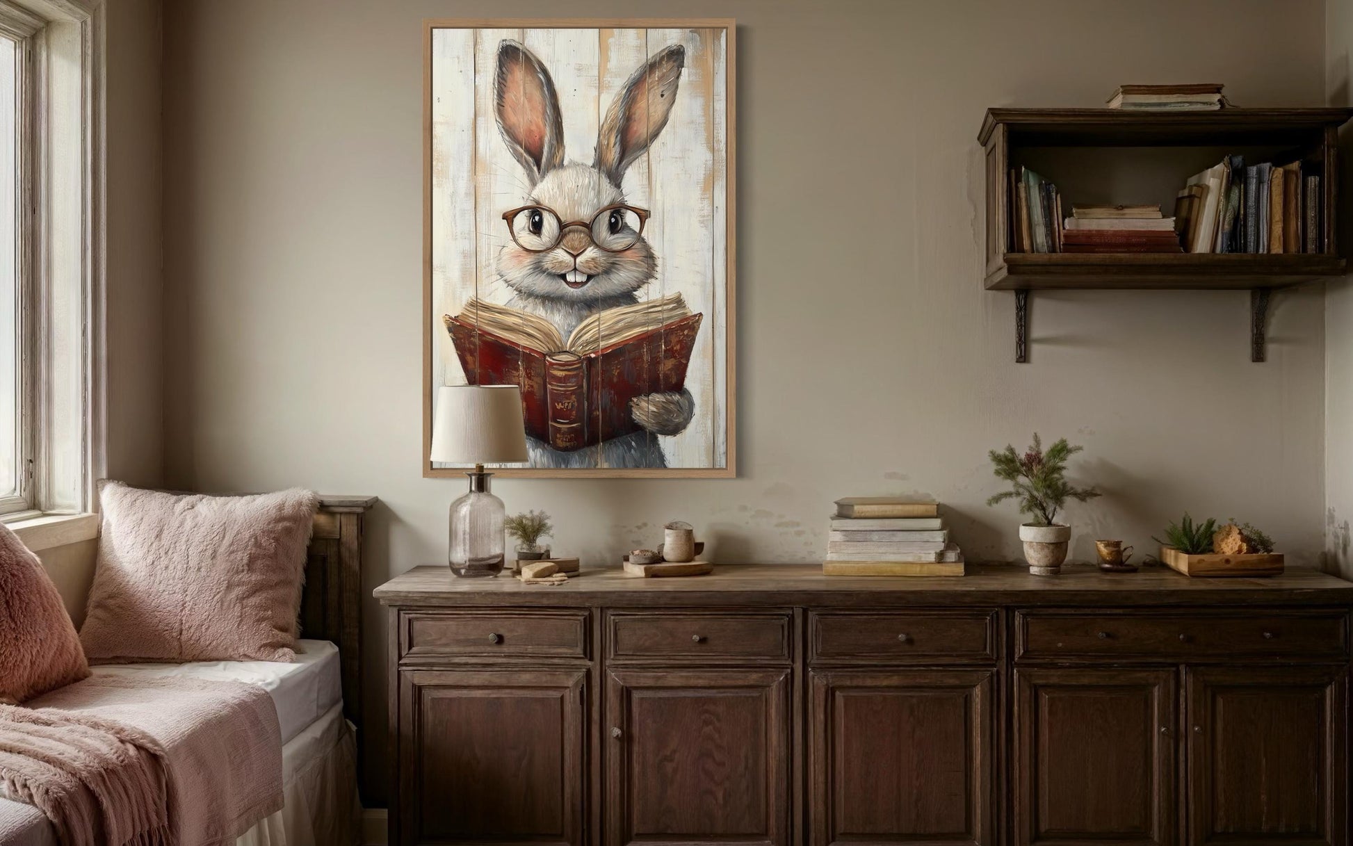 Smart Bunny Reading A Book Framed Canvas Wall Art