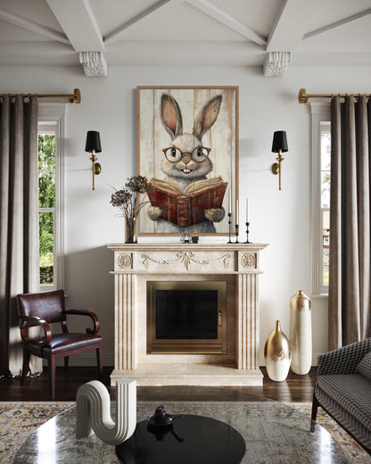 Smart Bunny Reading A Book Framed Canvas Wall Art