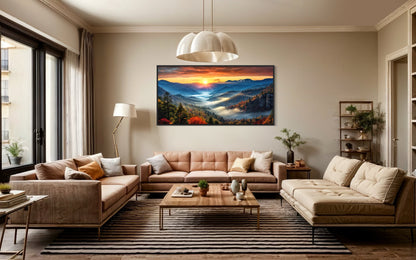 Smoky Mountains Sunset Art – Rustic Mountain Painting Canvas for Living Room
