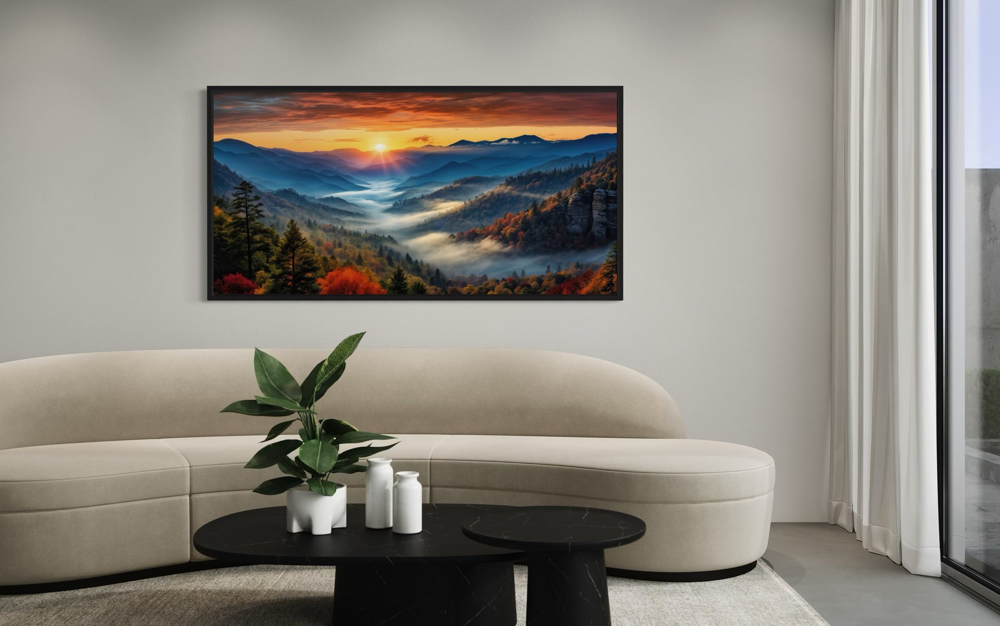 Smoky Mountains Sunset Art – Rustic Mountain Painting Canvas for Living Room