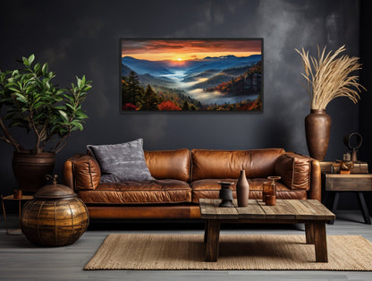 Smoky Mountains Sunset Art – Rustic Mountain Painting Canvas for Living Room