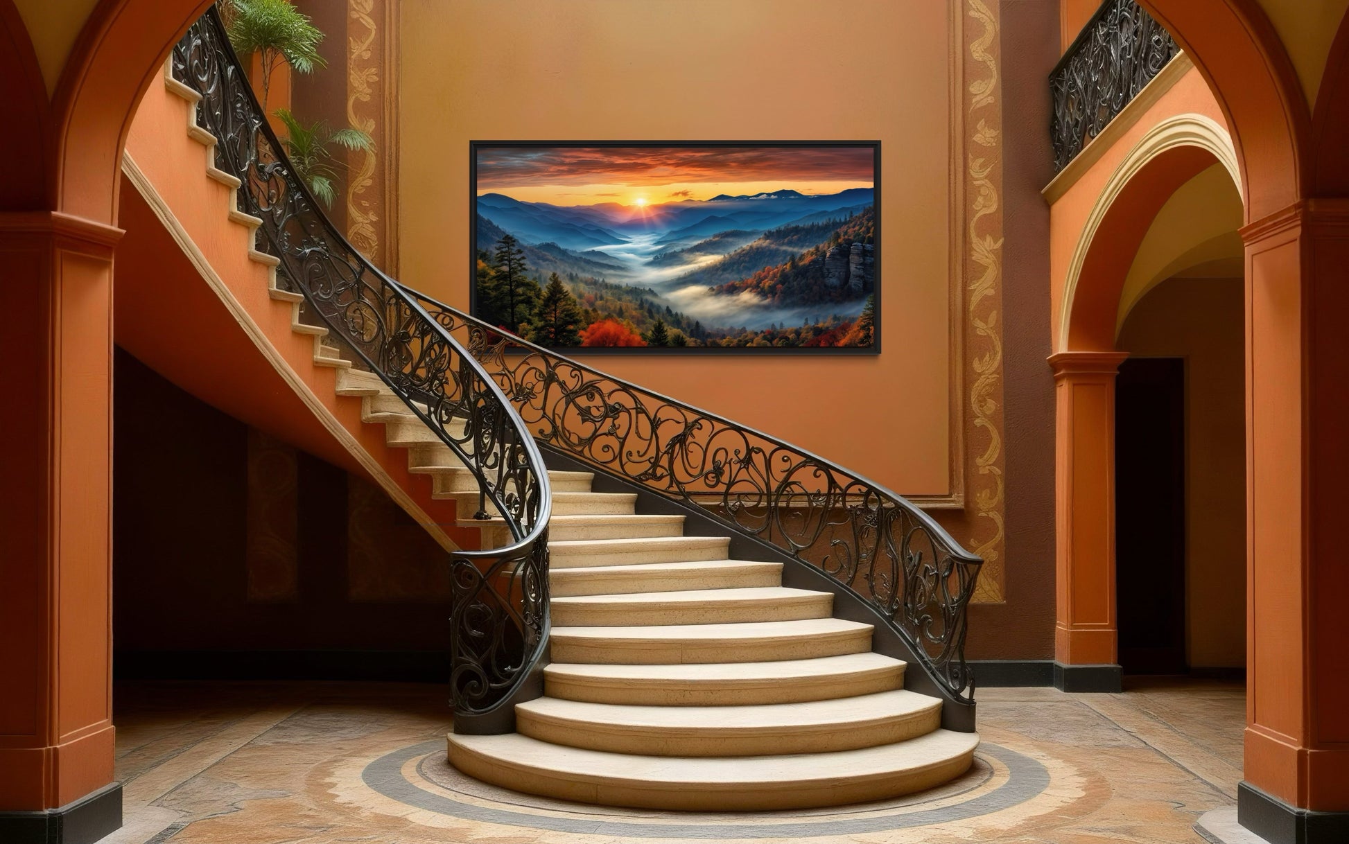 Smoky Mountains Sunset Art – Rustic Mountain Painting Canvas for Living Room