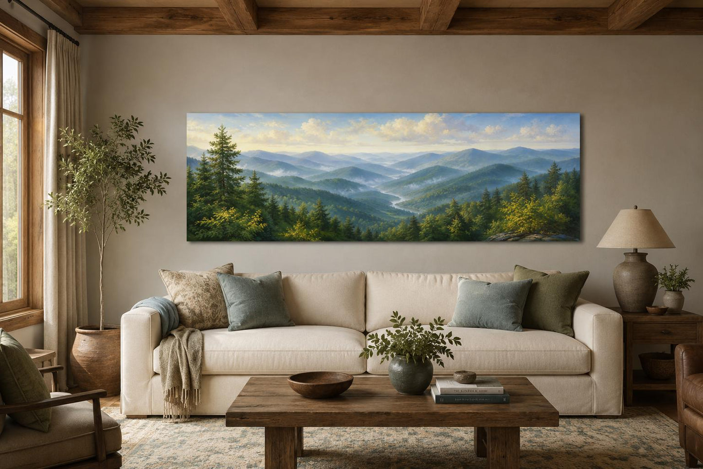 Smoky Mountains Wall Art - Panoramic Mountain Valley Canvas for Cabin Decor