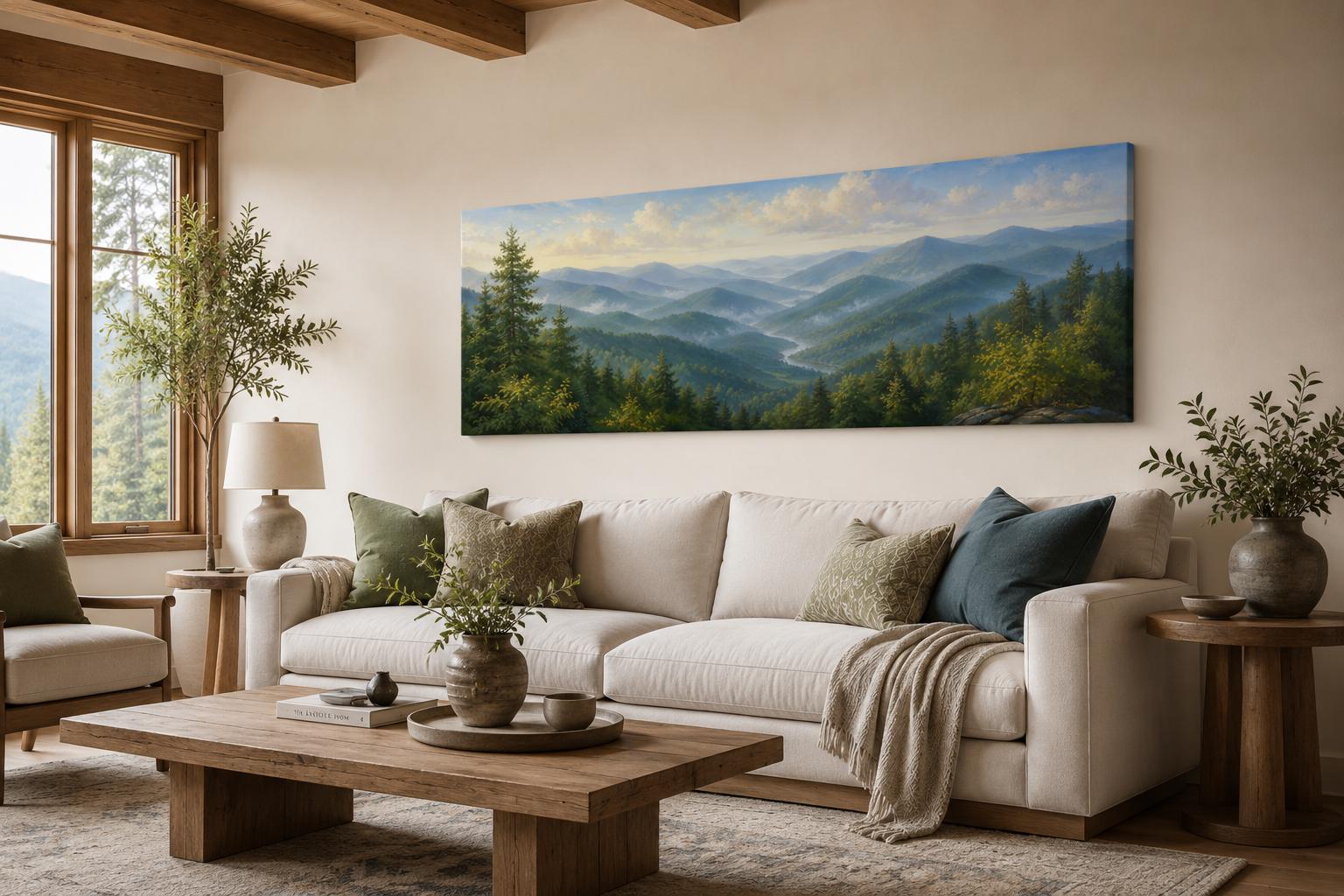 Smoky Mountains Wall Art - Panoramic Mountain Valley Canvas for Cabin Decor