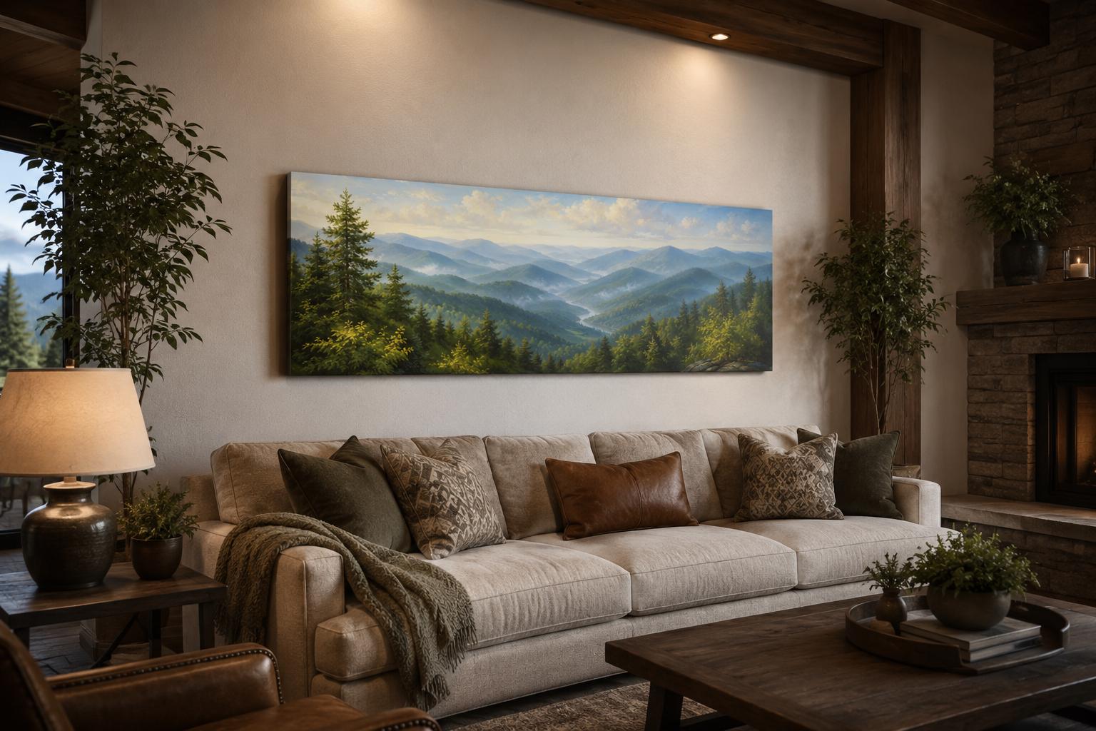 Smoky Mountains Wall Art - Panoramic Mountain Valley Canvas for Cabin Decor