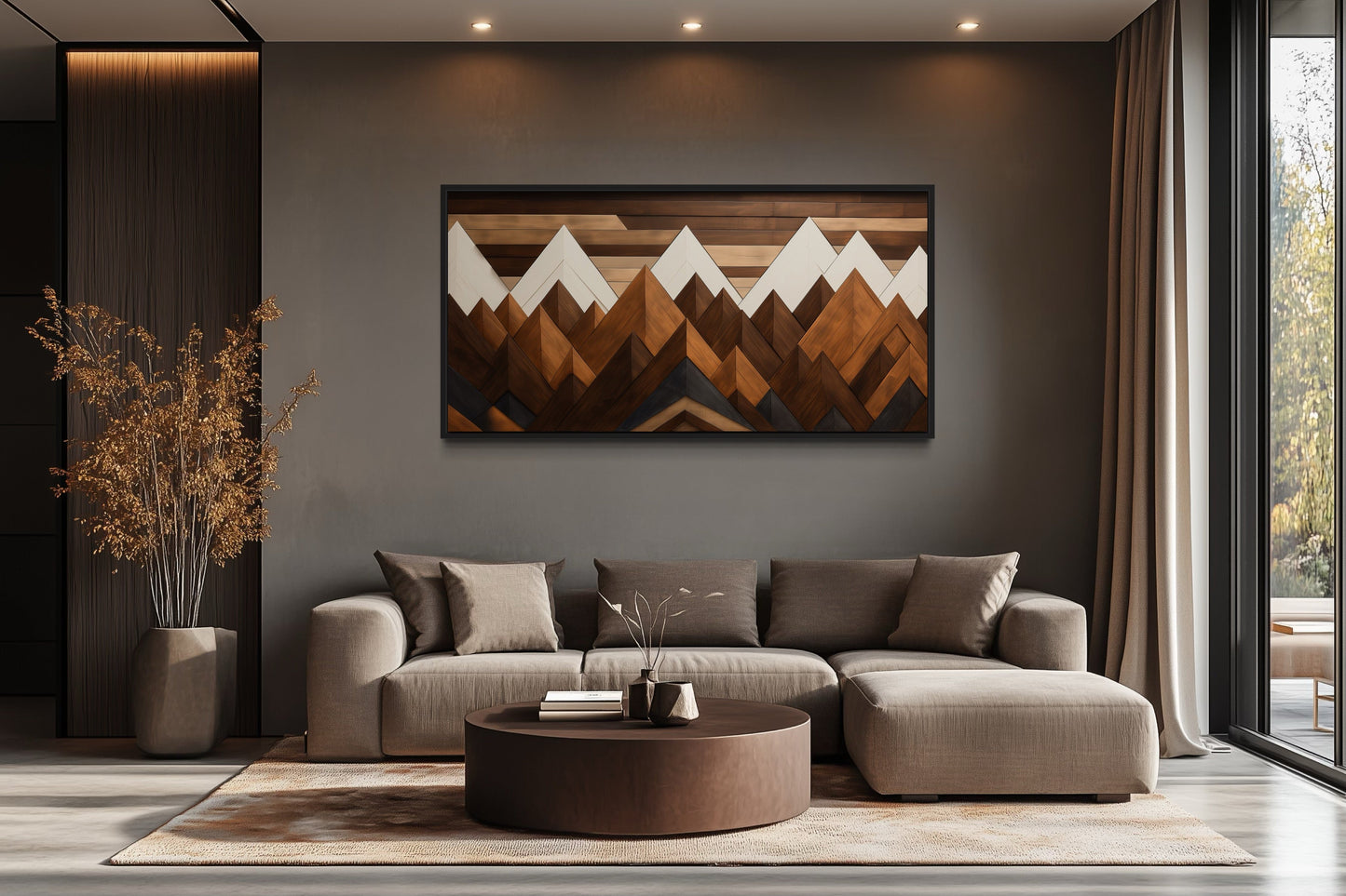 Snow Capped Wood Mountains Framed Canvas Wall Art