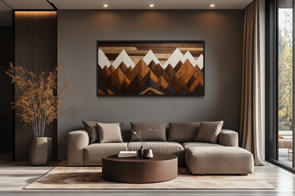 Snow Capped Wood Mountains Framed Canvas Wall Art