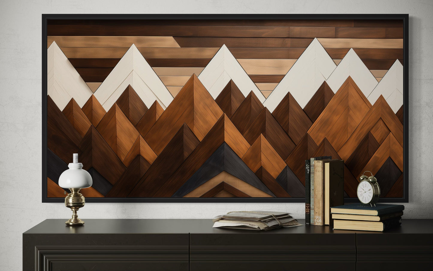 Snow Capped Wood Mountains Framed Canvas Wall Art