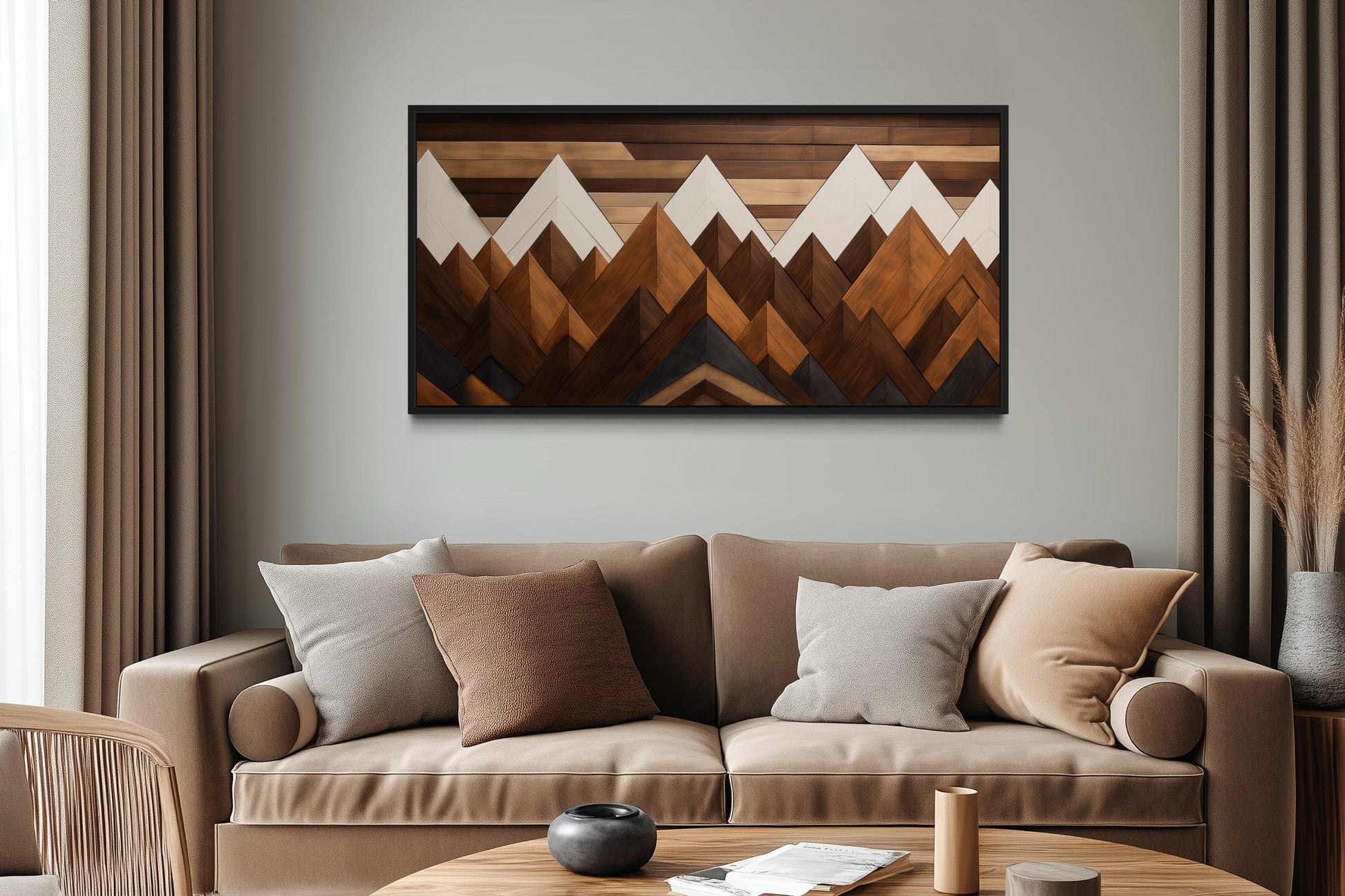 Snow Capped Wood Mountains Framed Canvas Wall Art