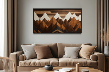 Snow Capped Wood Mountains Framed Canvas Wall Art