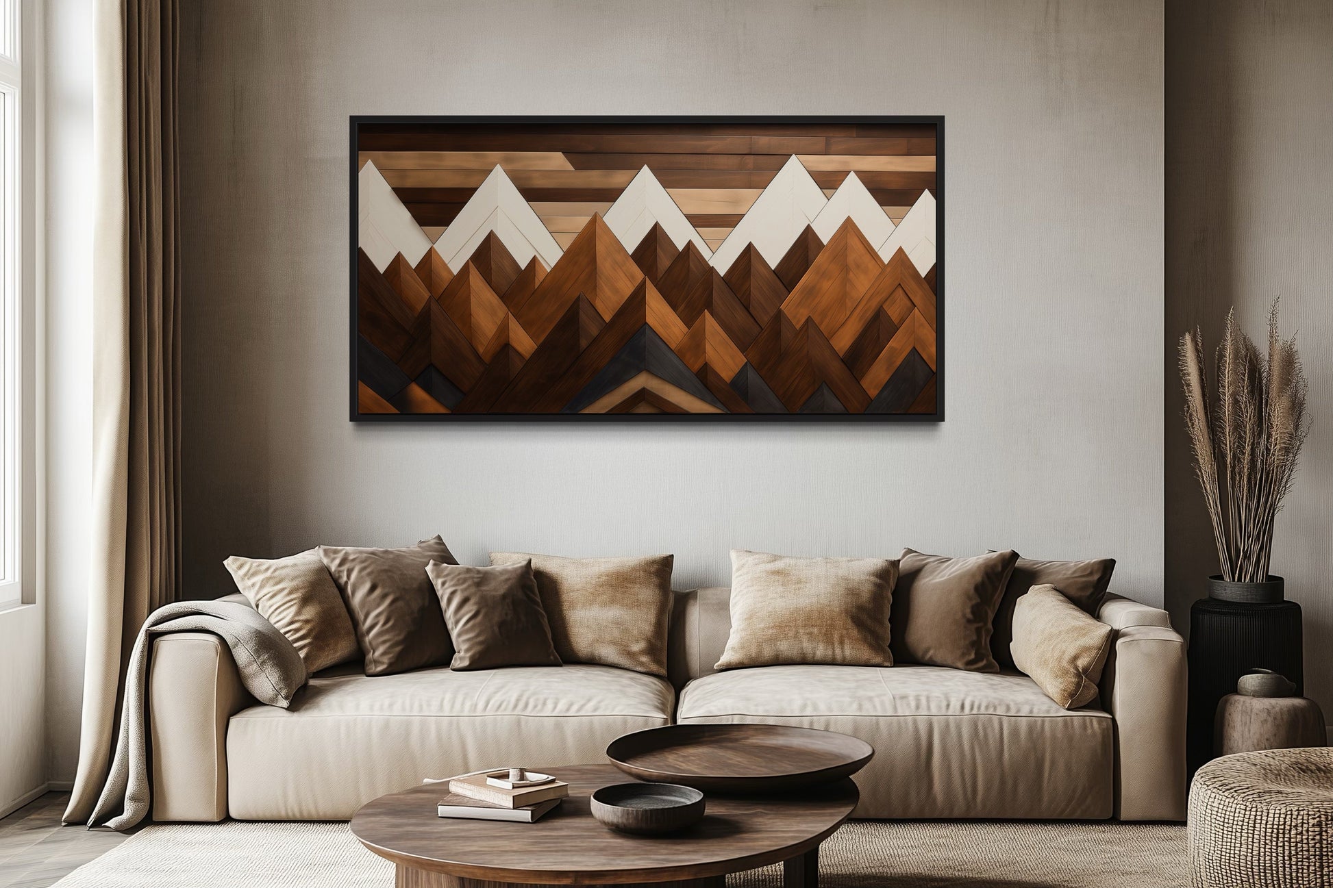 Snow Capped Wood Mountains Framed Canvas Wall Art