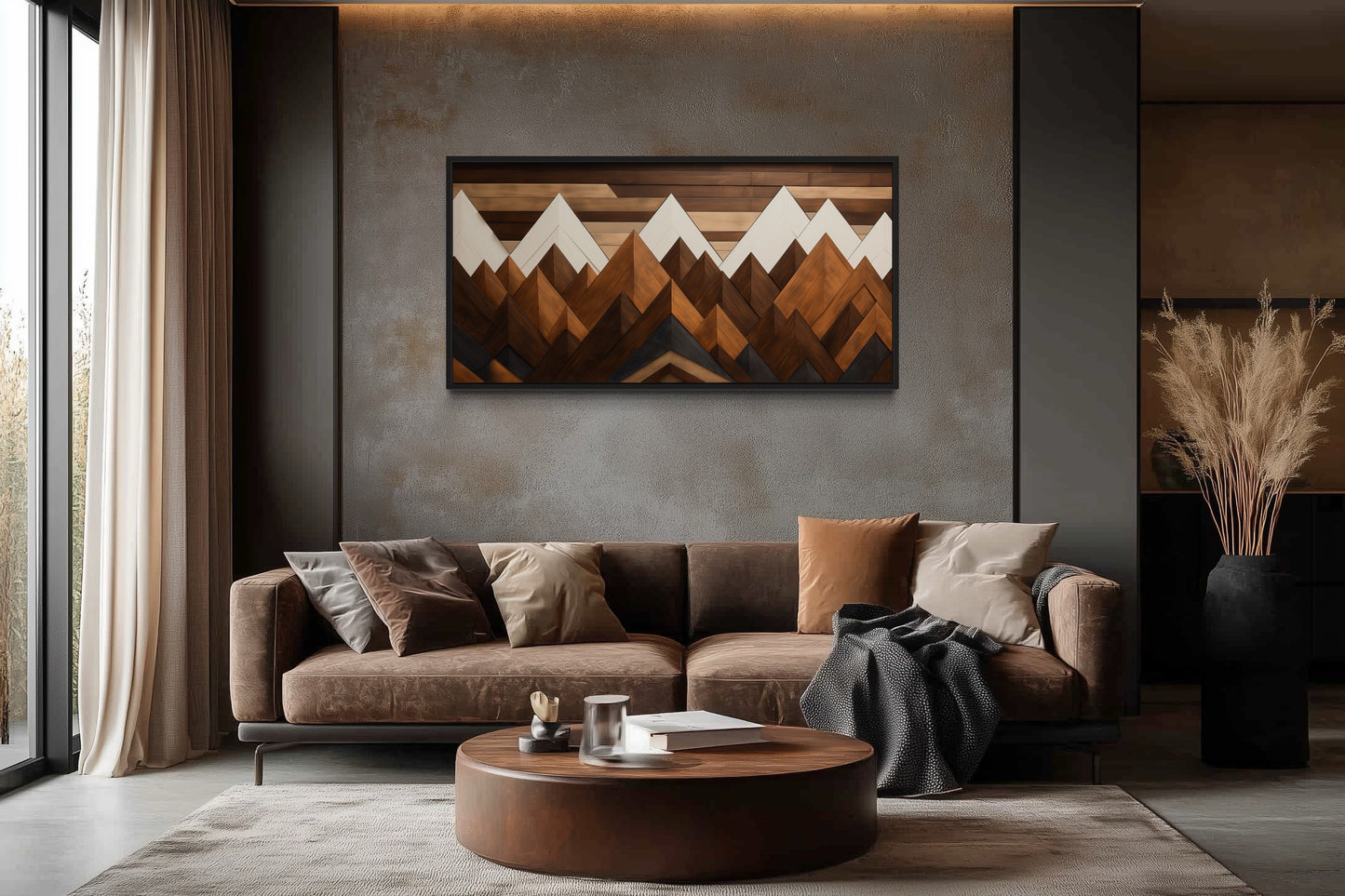 Snow Capped Wood Mountains Framed Canvas Wall Art