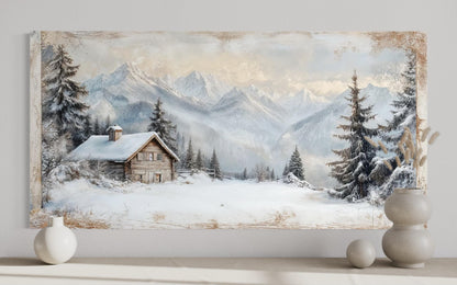 Snowy Mountain Cabin Art – Cozy Snow Scene Painting | Alpine Winter Canvas Wall Decor