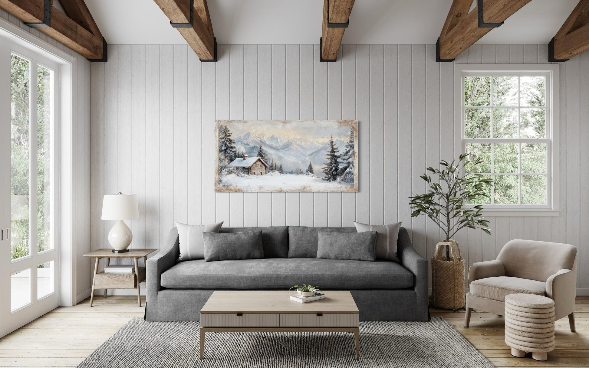 Snowy Mountain Cabin Art – Cozy Snow Scene Painting | Alpine Winter Canvas Wall Decor