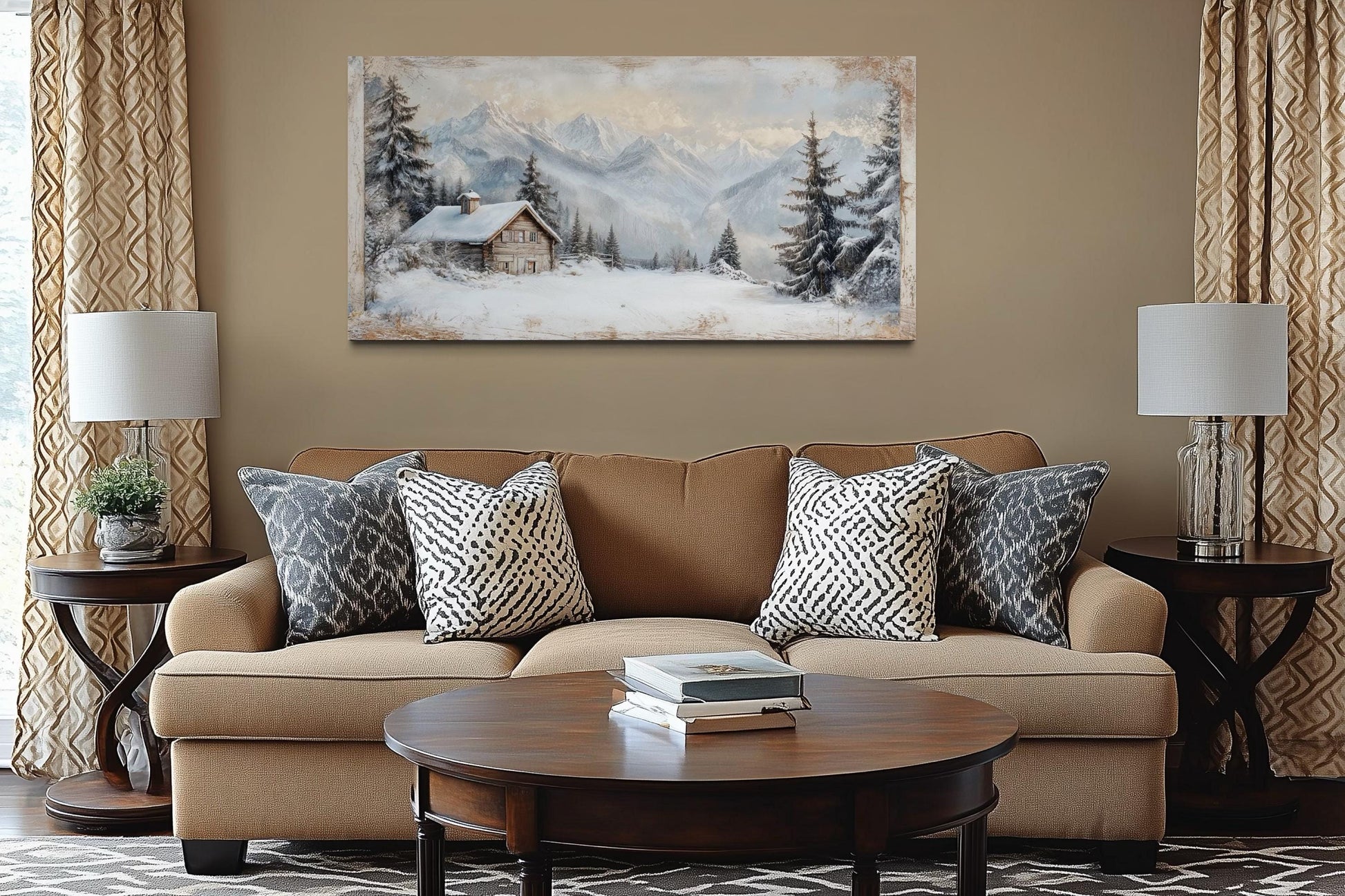 Snowy Mountain Cabin Art – Cozy Snow Scene Painting | Alpine Winter Canvas Wall Decor