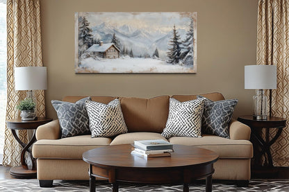 Snowy Mountain Cabin Art – Cozy Snow Scene Painting | Alpine Winter Canvas Wall Decor
