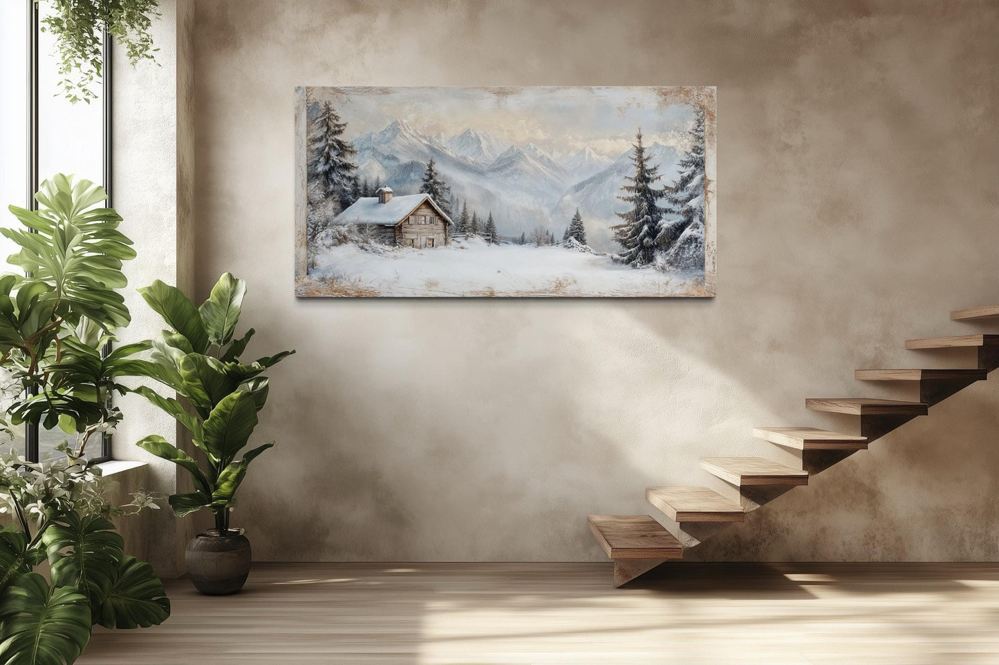 Snowy Mountain Cabin Art – Cozy Snow Scene Painting | Alpine Winter Canvas Wall Decor