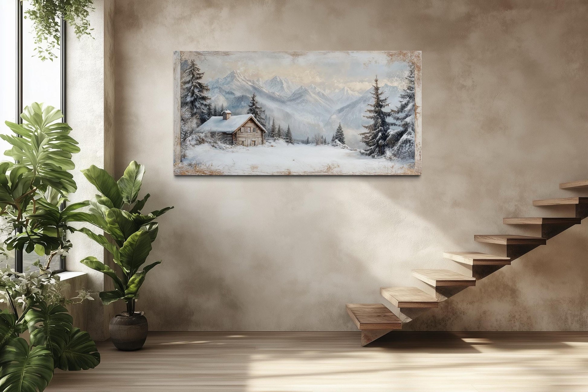 Snowy Mountain Cabin Art – Cozy Snow Scene Painting | Alpine Winter Canvas Wall Decor