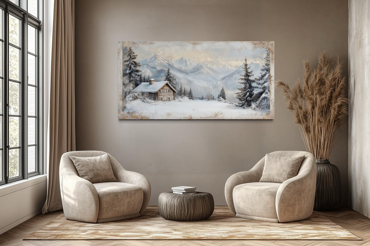 Snowy Mountain Cabin Art – Cozy Snow Scene Painting | Alpine Winter Canvas Wall Decor